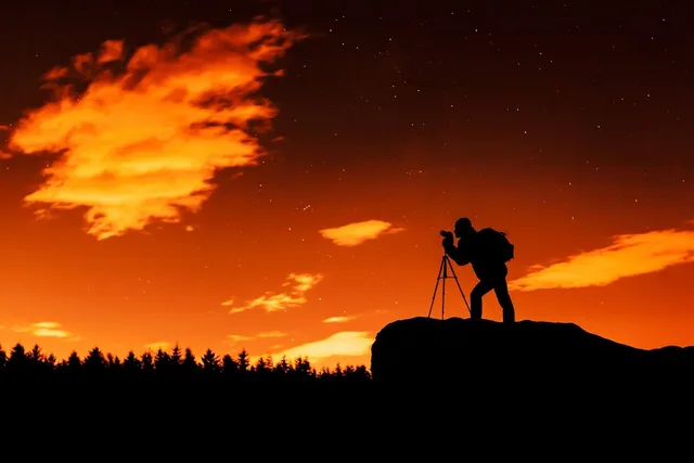 landscape, camera, silhouette, photographer, night, nature, photography, person, black, evening, night sky, sky, people, orange, tripod. Dark Sky Lodging Field Etiquette: Ask Before You Shoot