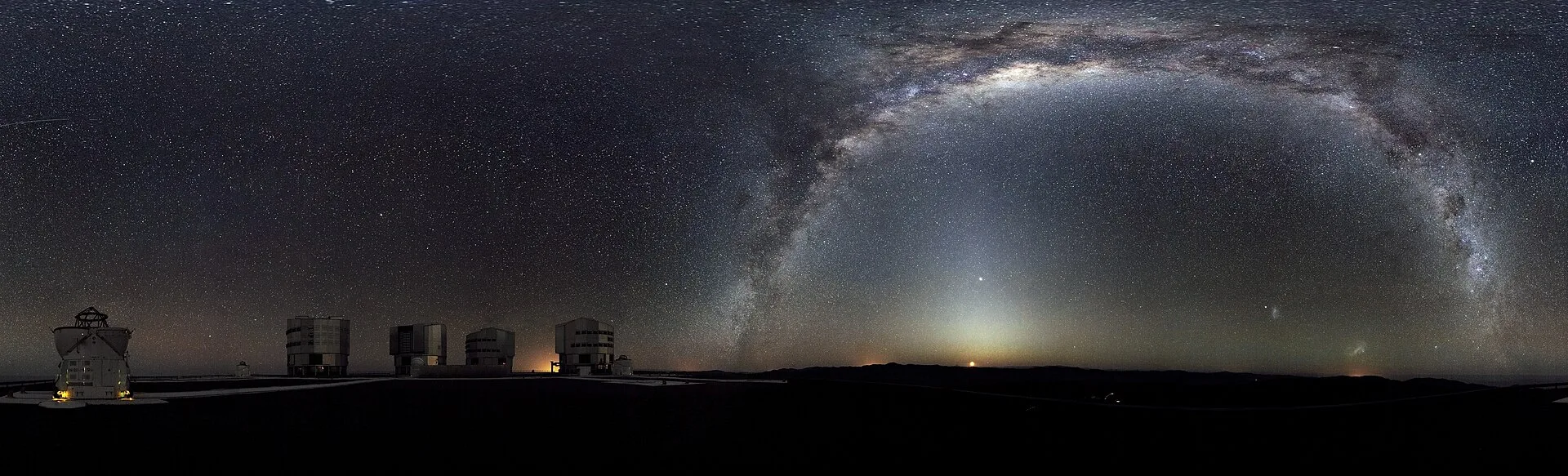 The Milky Way arches across this 360-degree panorama of the night sky above the Paranal Observatory , home of ESO’s Very Large Telescope . The Moon is just rising and the zodiacal light shines above it, while the Milky Way stretches across the sky opposite the observatory. To the right in the image. Which part of astronomy itinerary building planning really comes down to the final week?