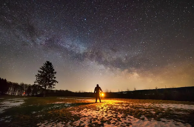 milky way, night, stars, person, man, nature, alone, fear, dark, starry sky, universe, galaxy, silhouette, landscape, light, lantern, tree, spooky, creepy
