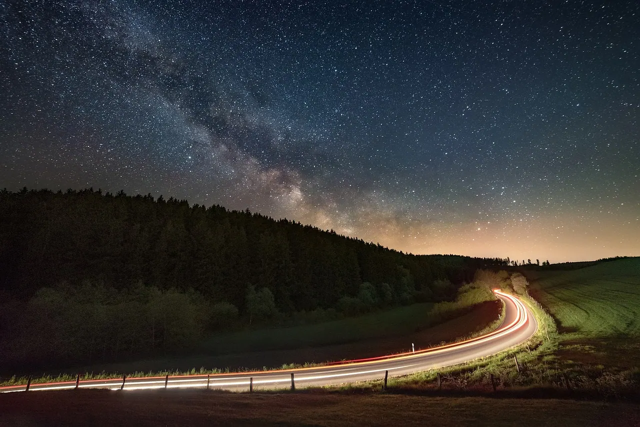 night, milky way, road, light traces, starry sky, automobile, ride, headlights, dark, nature, long exposure, mountains, landscape, galaxy, traffic, astro, light trail, night photog