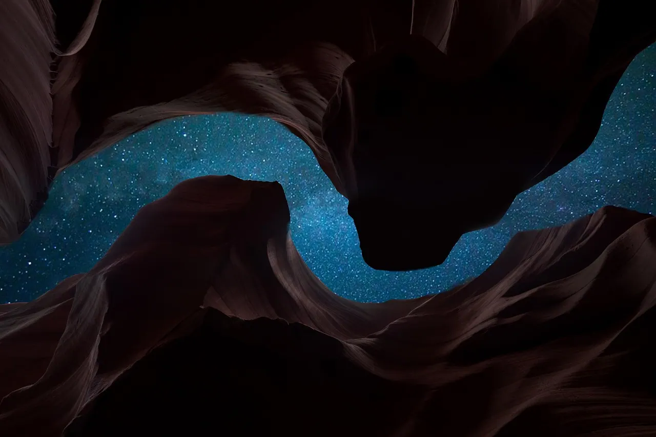 canyon, night, stars, outdoors, antelope canyon, usa, rock formations, night sky, perspective, starry sky, erosion, sandstone, nature, canyon, canyon, night, night, night, stars, s