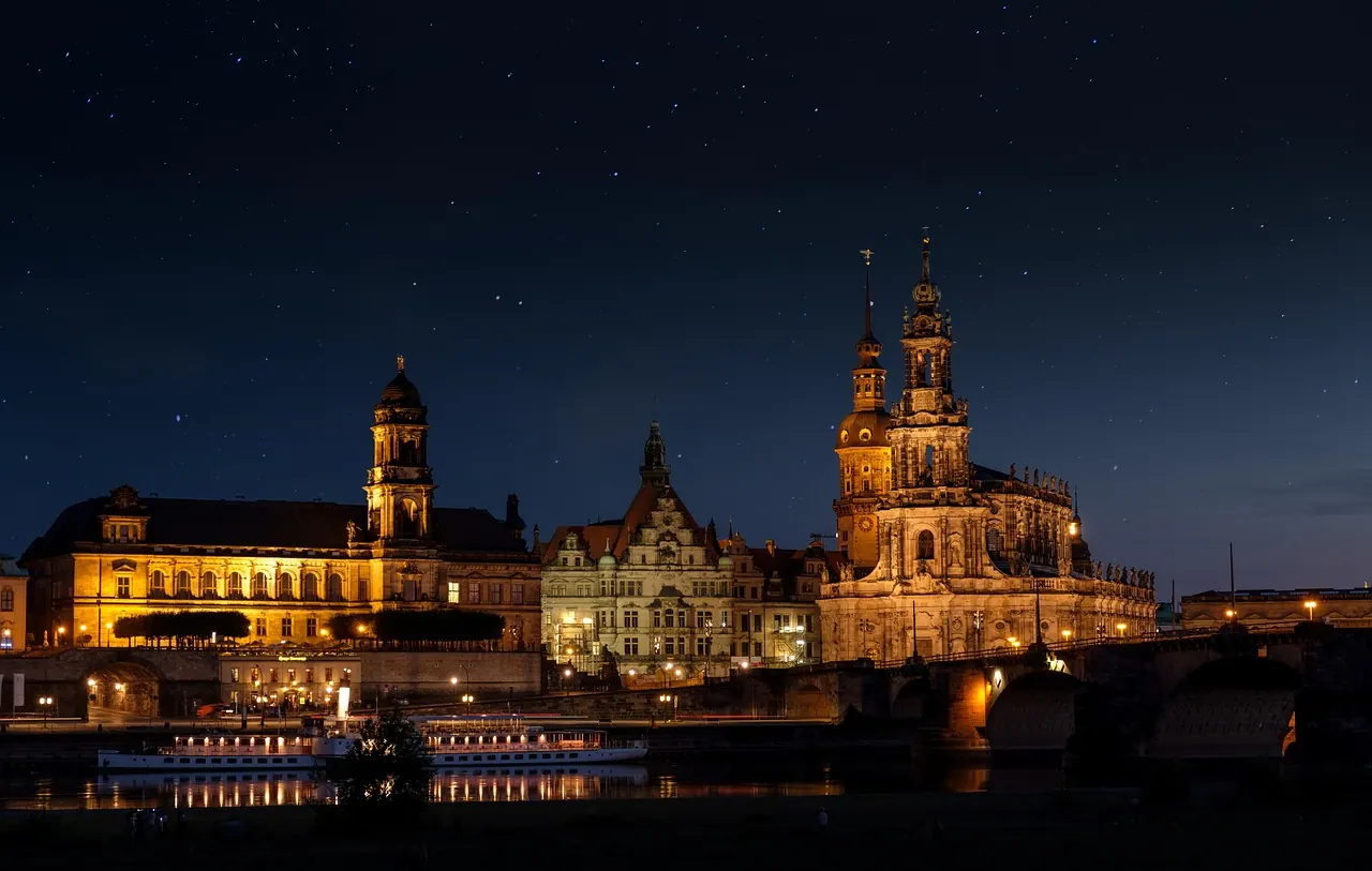 court church, palace, night, lights, illuminated, evening, starry sky, buildings, church, ship, river, elbe, historical, historic, historic center, dresden, germany, palace, palace