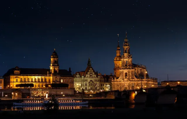court church, palace, night, lights, illuminated, evening, starry sky, buildings, church, ship, river, elbe, historical, historic, historic center, dresden, germany, palace, palace