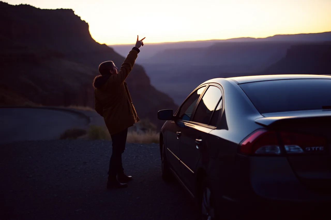 Stargazer at a canyon pull-out at dusk pointing along the horizon (Dark sky travel: a two-night itinerary built around the sky, not the clock)