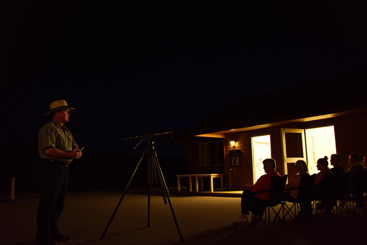 Ranger with telescope and seated visitors outside a visitor center at night (How to approach dark sky travel accessible options: the good news about looking up)