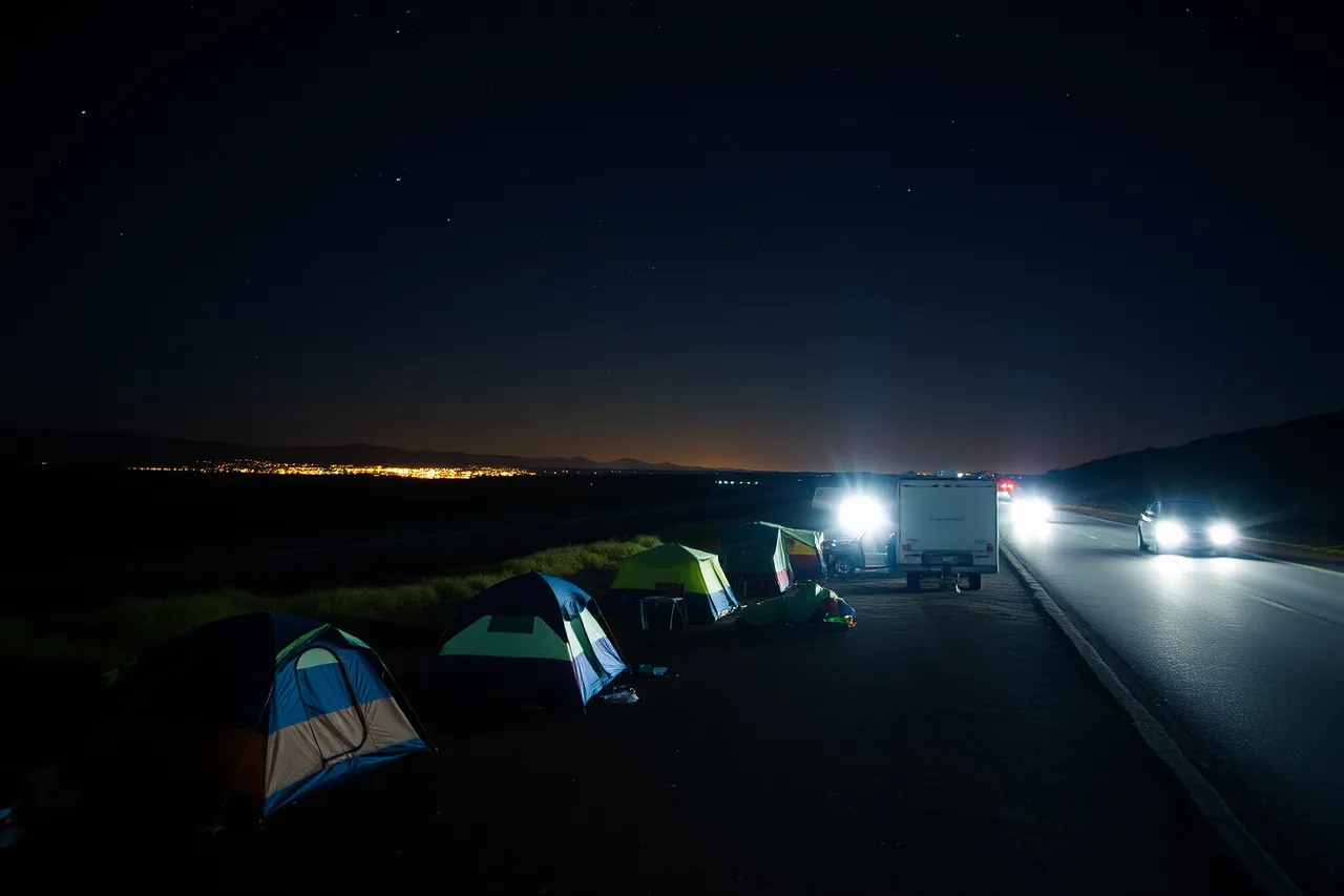 Highway campground at night with headlights and town glow (Camping at US Dark Sky Parks: Which Ones Allow Campfires?)