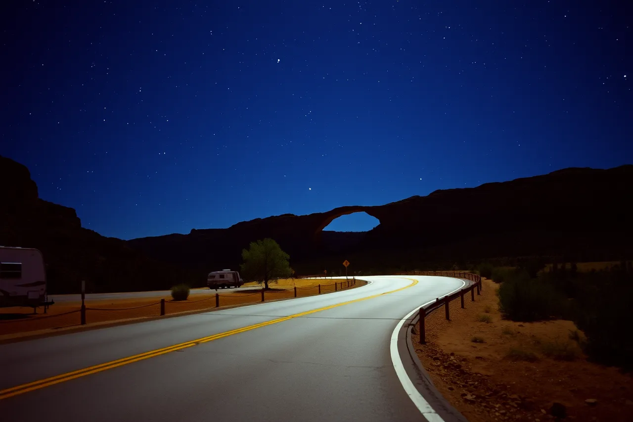 Natural Bridges loop road and stone bridge under a starry night sky (How to Find Bortle 1 Skies in the US Without Driving All Night)