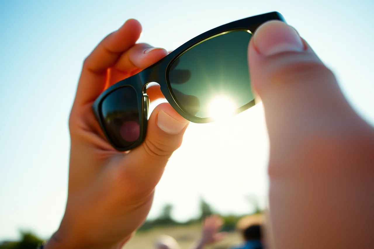 Hand holding ISO 12312-2 eclipse glasses up toward the bright Sun (Charting stargazing travel mistakes: the one that causes most injuries)