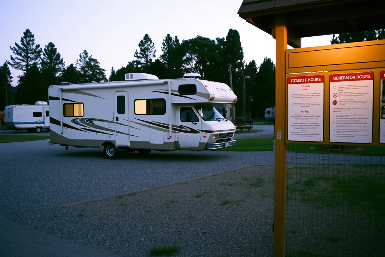 RV on a numbered pad in a national park campground at dusk (RV camping and stargazing rules in national parks compared with BLM land)
