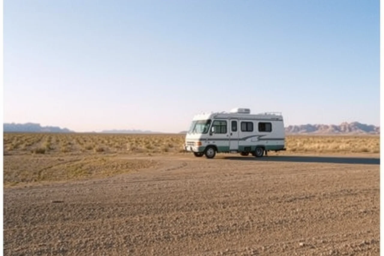 RV parked alone on open BLM desert land off a gravel road (RV camping and stargazing rules in national parks compared with BLM land)