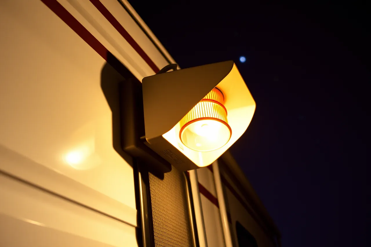 Shielded amber RV porch light aimed at the ground at night (RV camping and stargazing rules in national parks compared with BLM land)