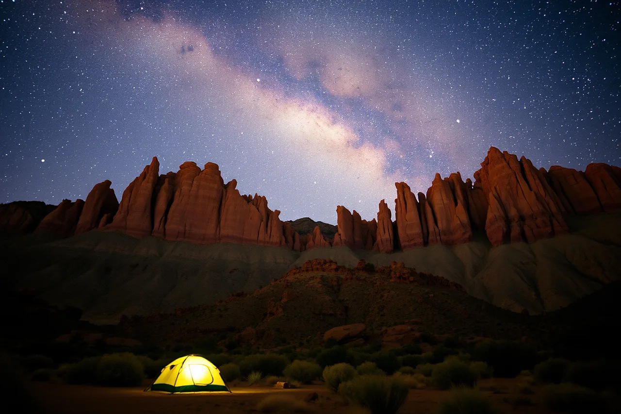 Milky Way over Red Rock Canyon badland cliffs and campground (How to plan a stargazing road trip from Los Angeles to Death Valley)