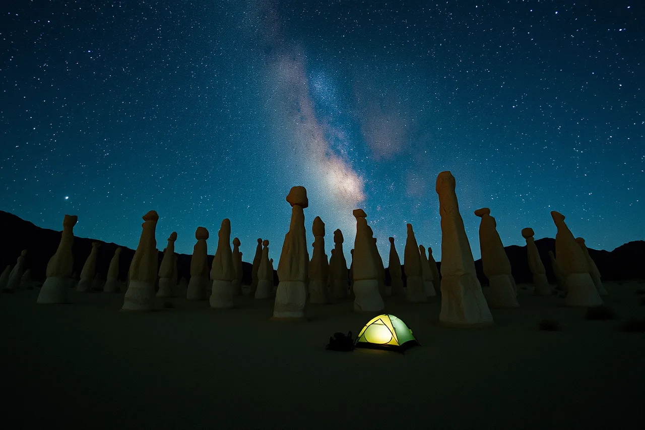 Milky Way over Trona Pinnacles tufa towers and campsite (How to plan a stargazing road trip from Los Angeles to Death Valley)