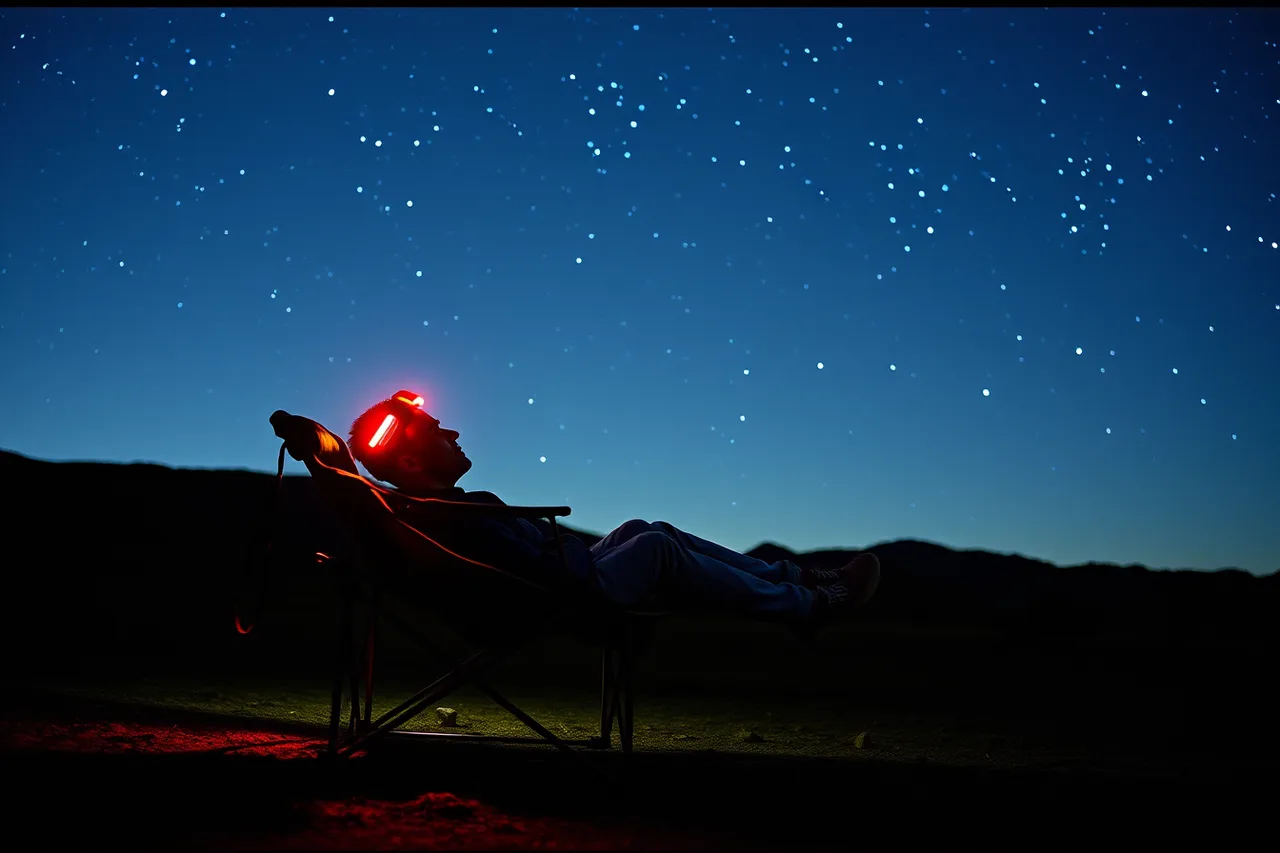 Red headlamp and reclining chair set up under stars (What first-timers overlook before their first dark sky night)