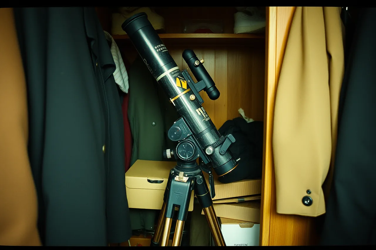 Telescope stored unused in a cupboard after one frustrating night (A pattern shows up across stargazing trip costs tips: the clothing gap)