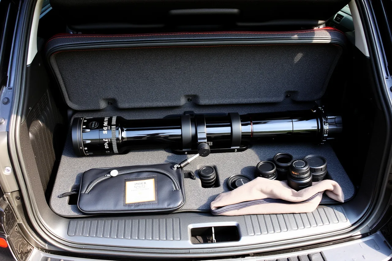 Open padded telescope case in car boot with foam cutouts and capped tube (Unpacking travel telescopes packing list: packing down)