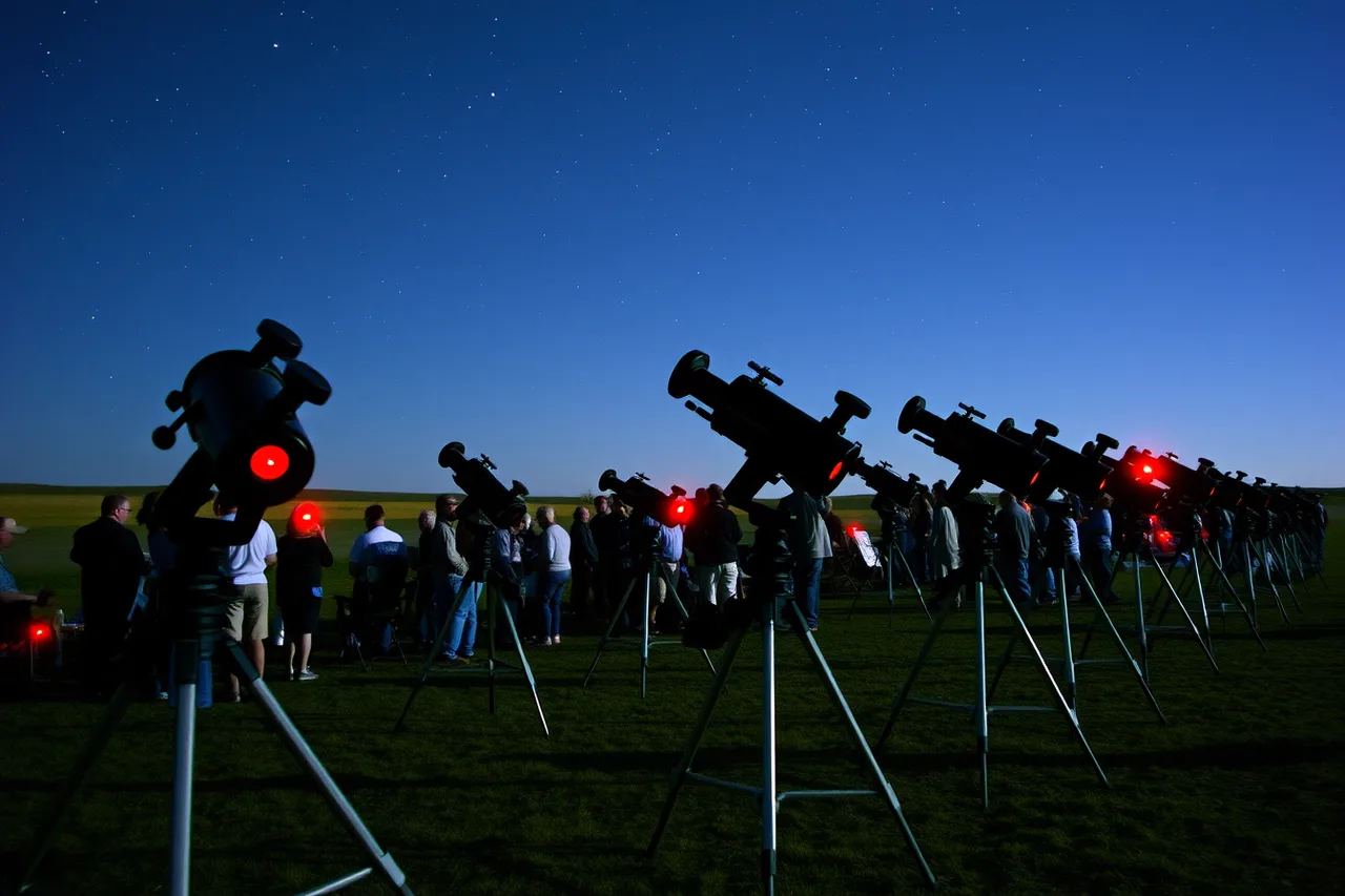 Row of amateur telescopes at a public star party under stars (Where to stargaze near Denver, from Rocky Mountain to Great Sand Dunes)