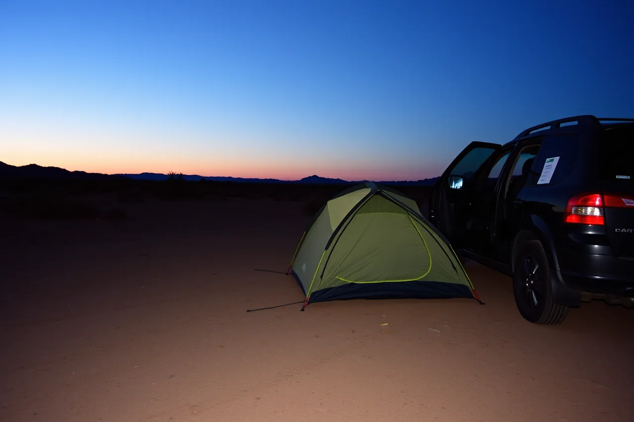 Tent and parked car at a permitted national park campsite at dusk (Figuring out stargazing trips places to stay: gateway towns)